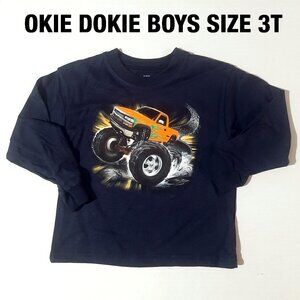 Okie Dokie Boys size 3T Long Sleeve Black cotton Monster Truck print kids Shirt